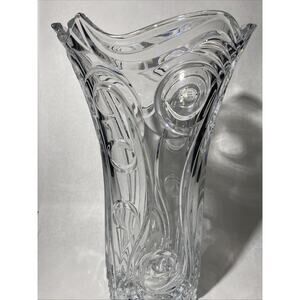 Vtg Czech Rep Lead Crystal Art Glass Vase Sweeping Circles Scrolled Design 14"